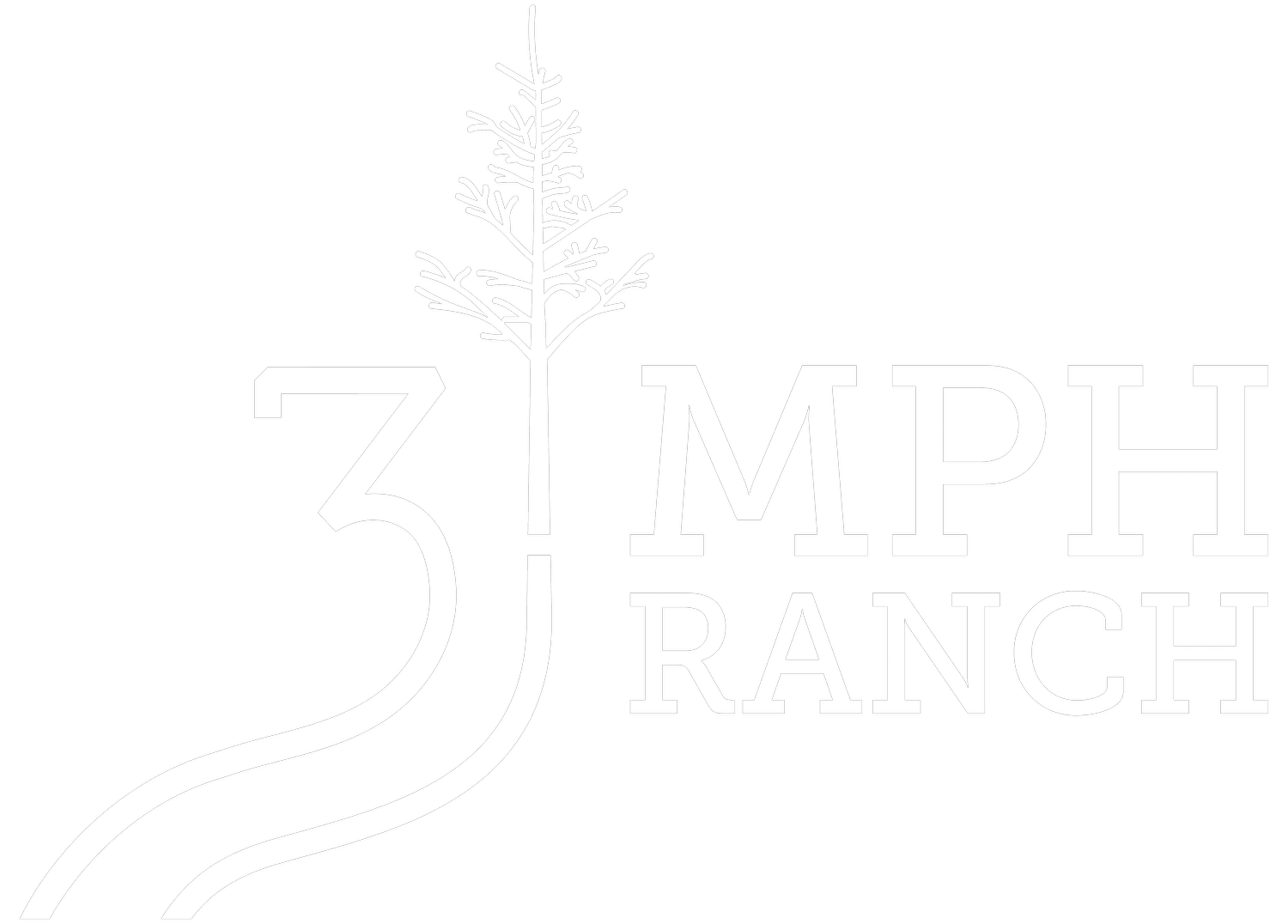 3+MPH+Ranch_Logo_White Logo of 3 MPH Ranch featuring a stylized tree and winding path, representing nature and outdoor experiences. Ideal for branding related to ranch activities, eco-tourism, and nature retreats.